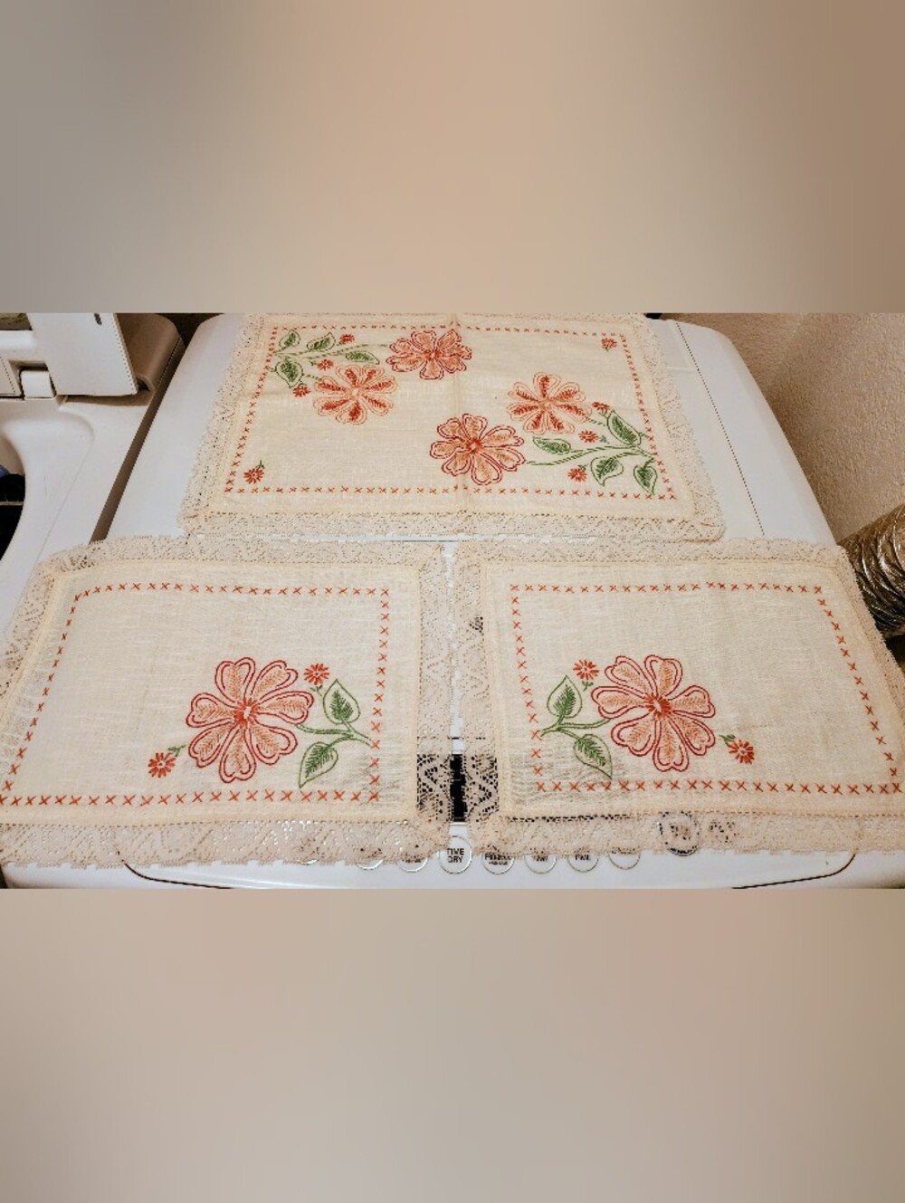 Vintage Embroidered Floral Center Table Mat and 2 Placemats